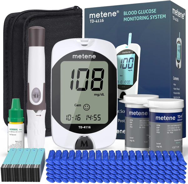 Metene TD-4116 Blood Glucose Monitor Kit, 100 Glucometer Strips, 100 Lancets